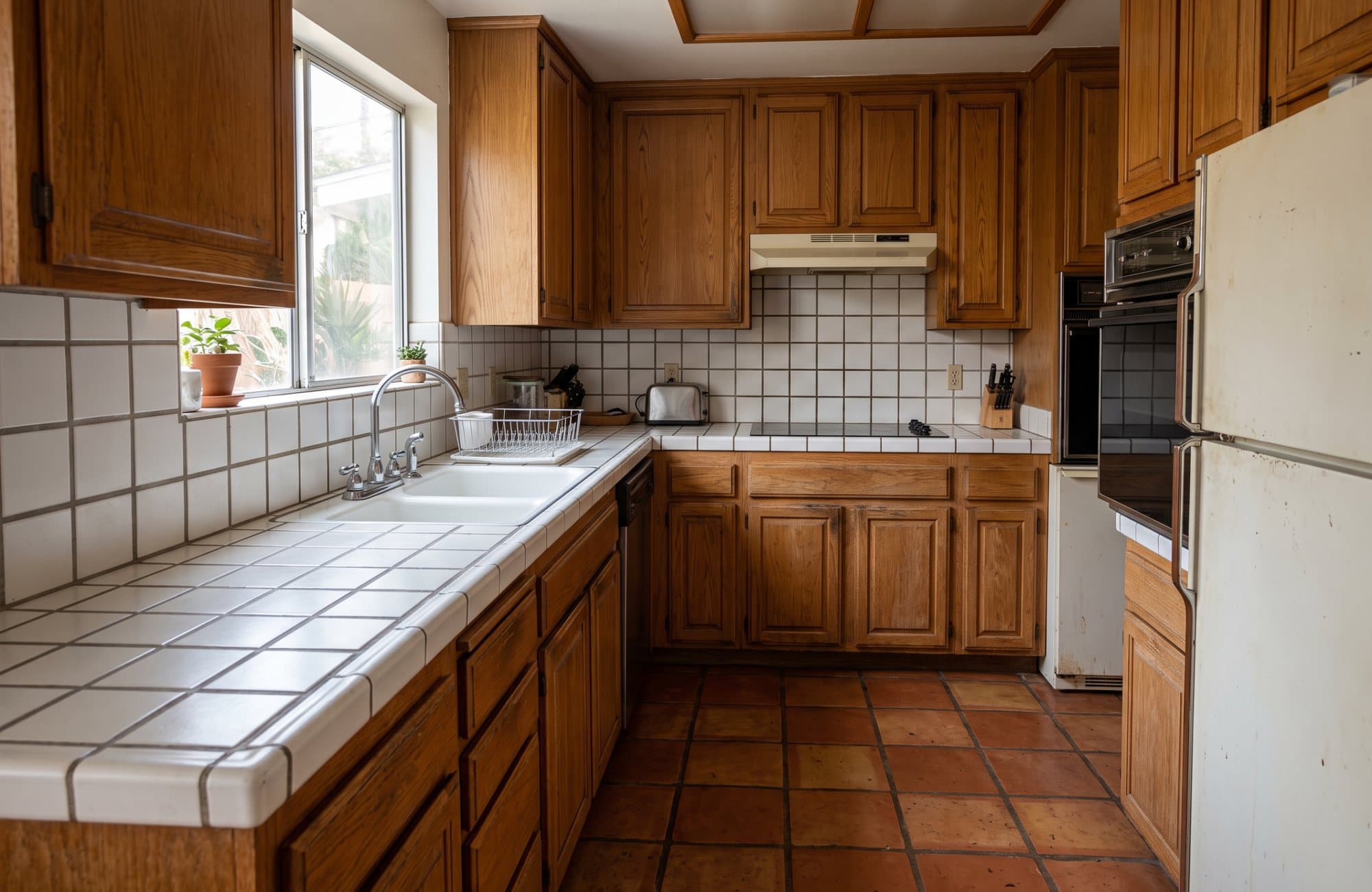 A typical starting point: an eighties kitchen with white tile counters and grey grout