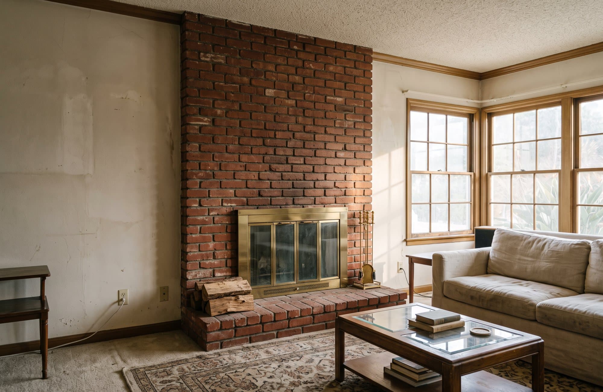 A typical starting point: an eighties red brick chimney breast with a brass screen