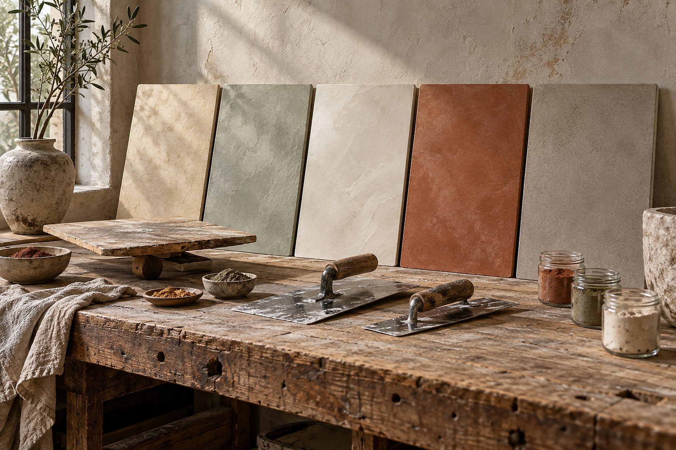 Sample boards, steel trowels and pigment jars on an oak workbench