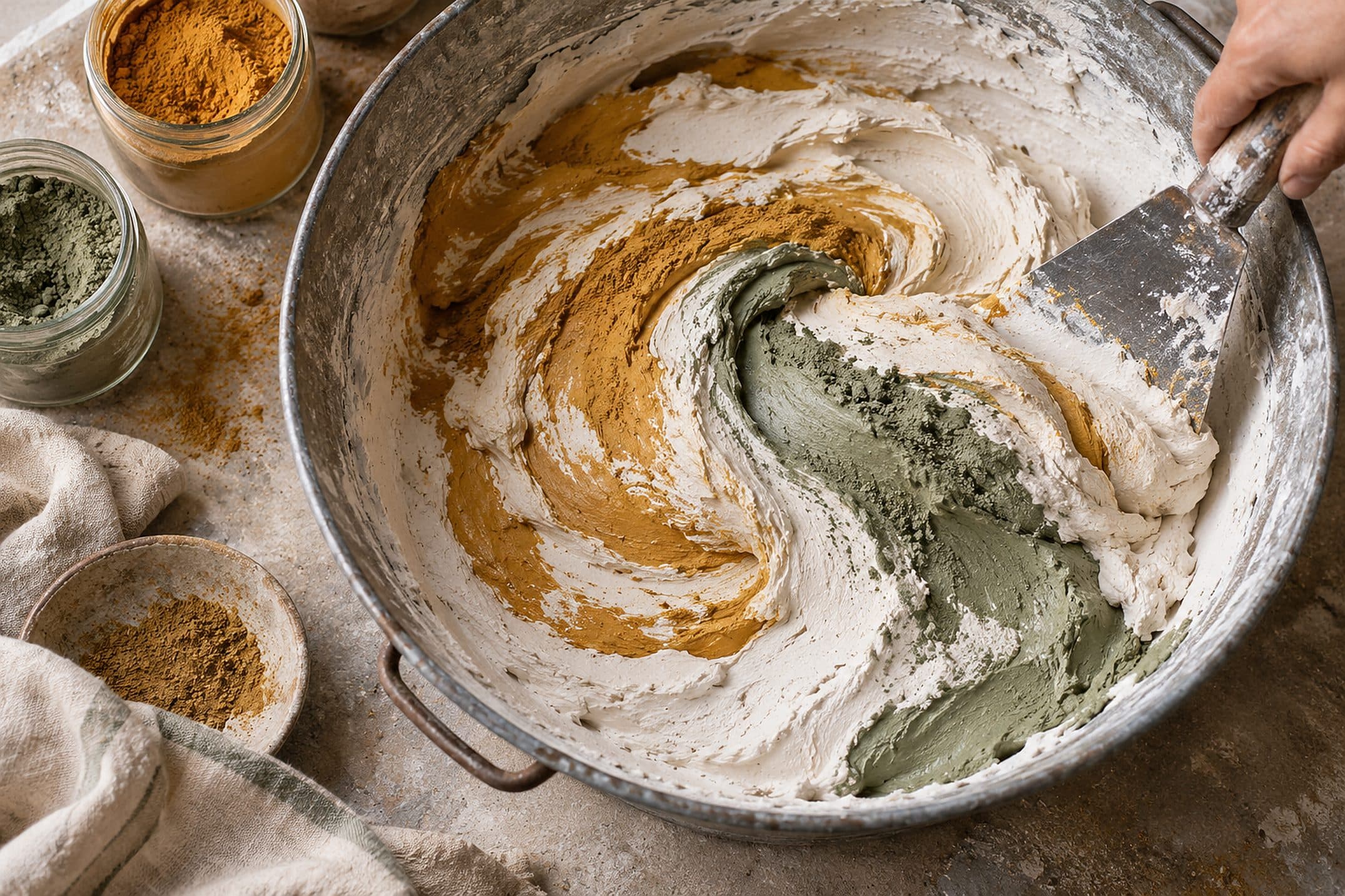 Pigment being folded into lime putty, seen from above