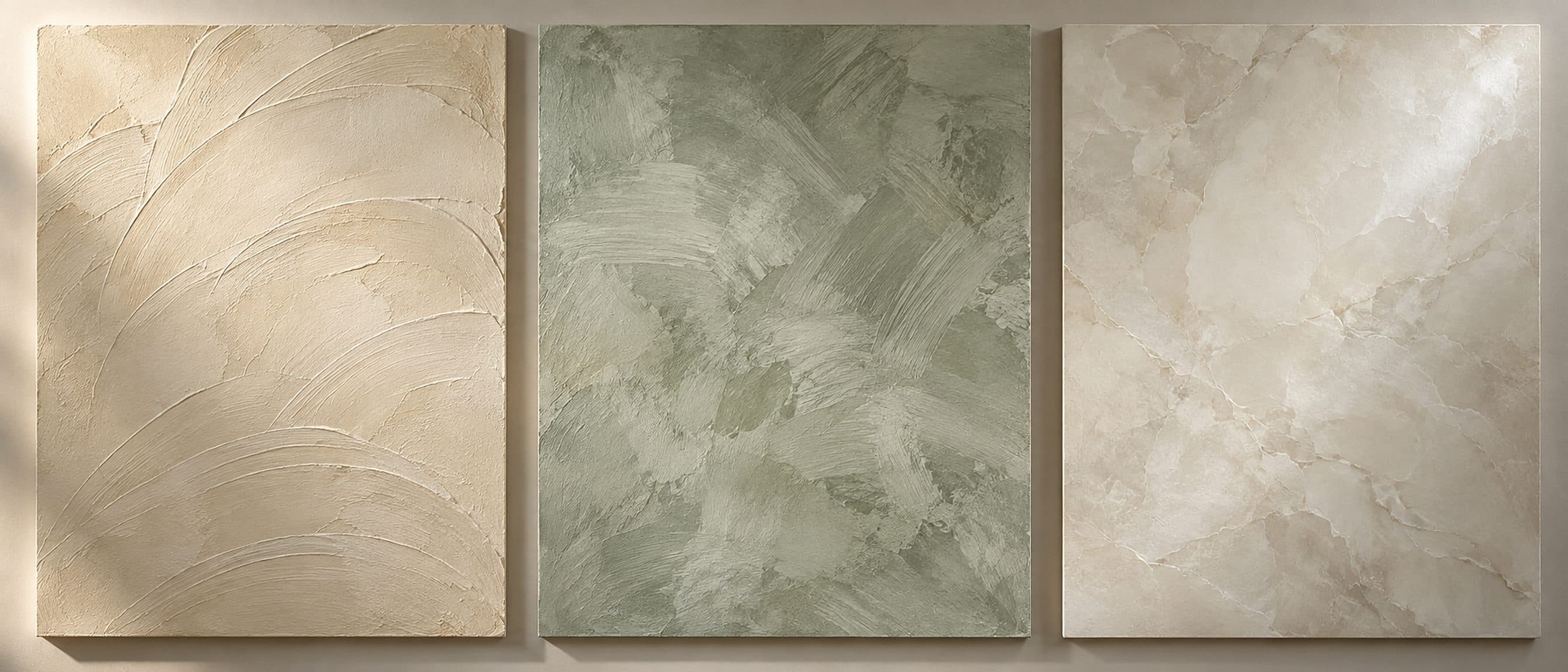 Three plaster panels side by side: Roman clay, limewash and Marmorino